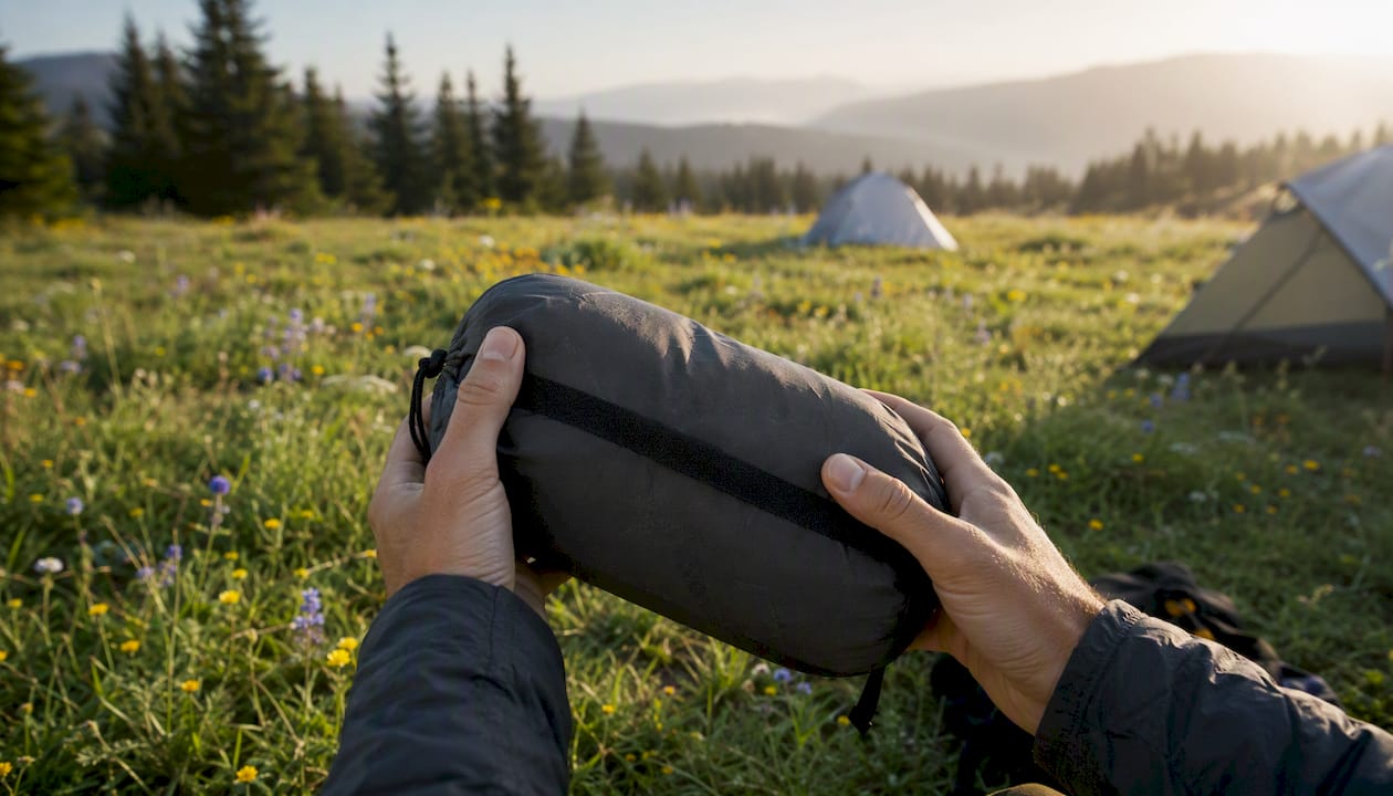 Hands holding packed ultralight camping pillow