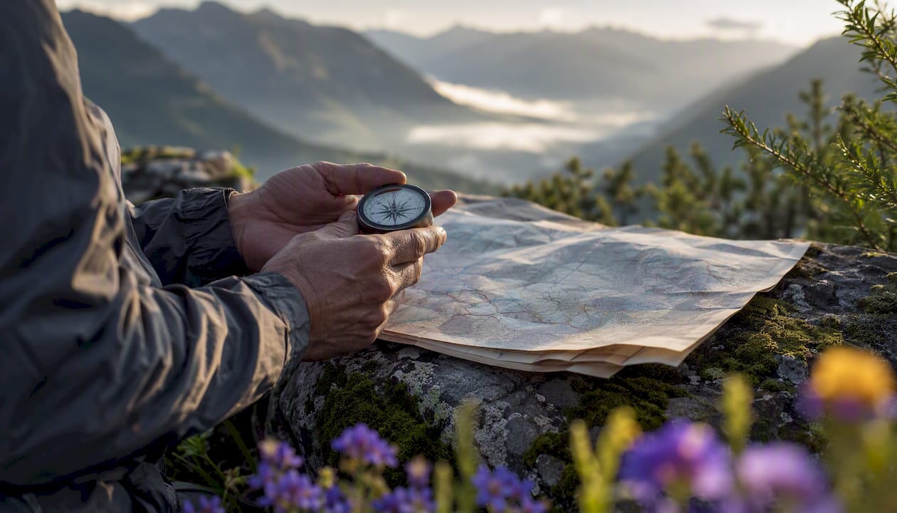 Hands holding compass over map outdoors