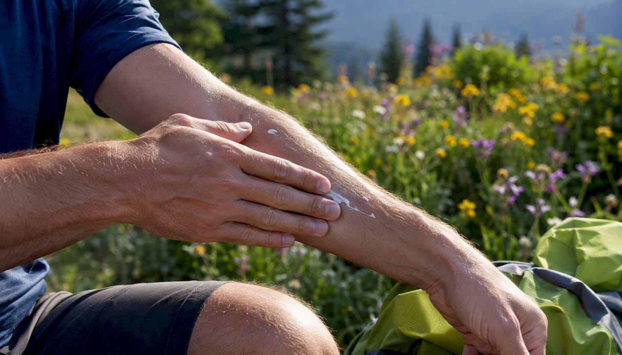 Applying sunscreen on hiking trail