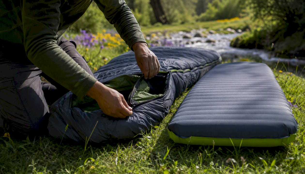 Unzipping sleeping bag with insulated pad