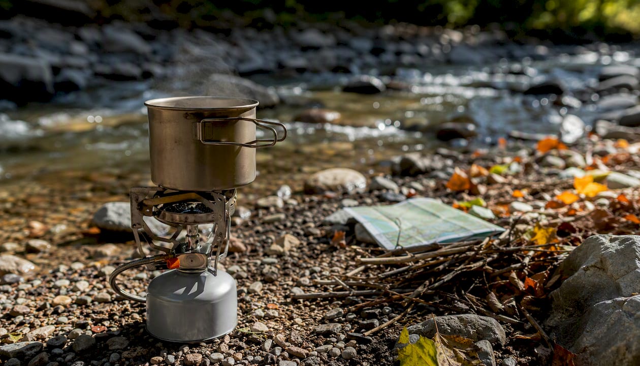 Backpacking stove cooking with steam rising