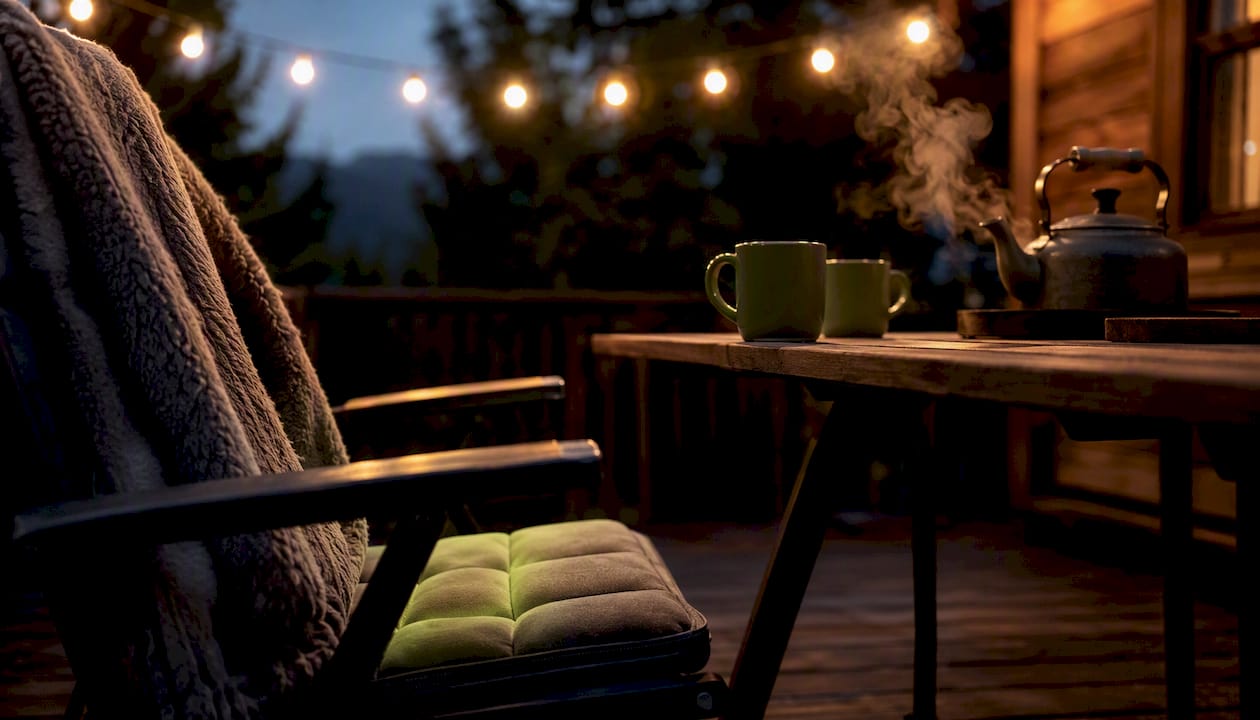 Outdoor dining with seat warmer and blanket