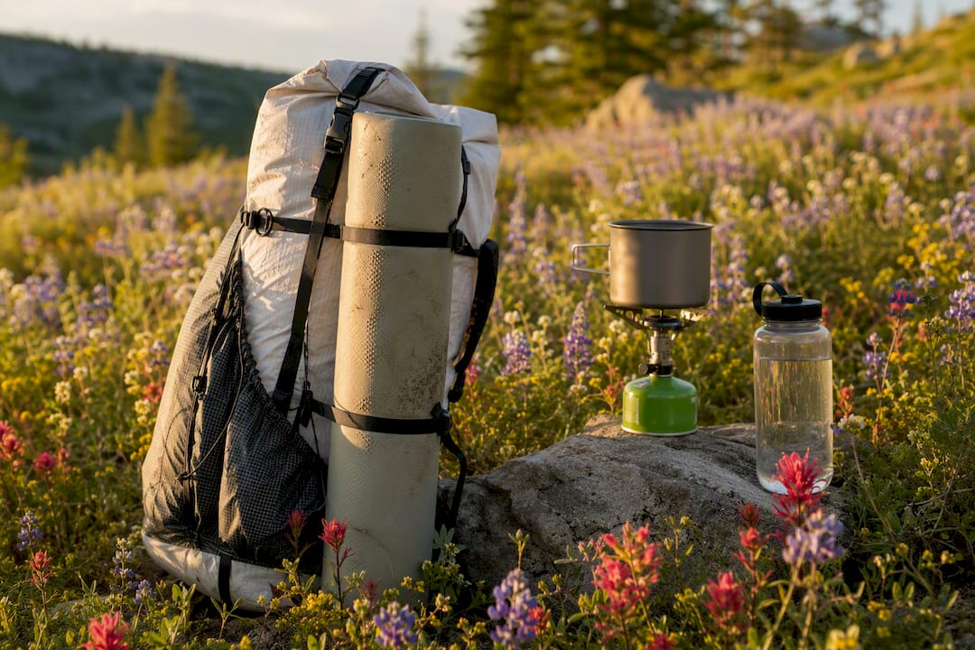 Frameless pack with rolled sleeping pad and compression straps