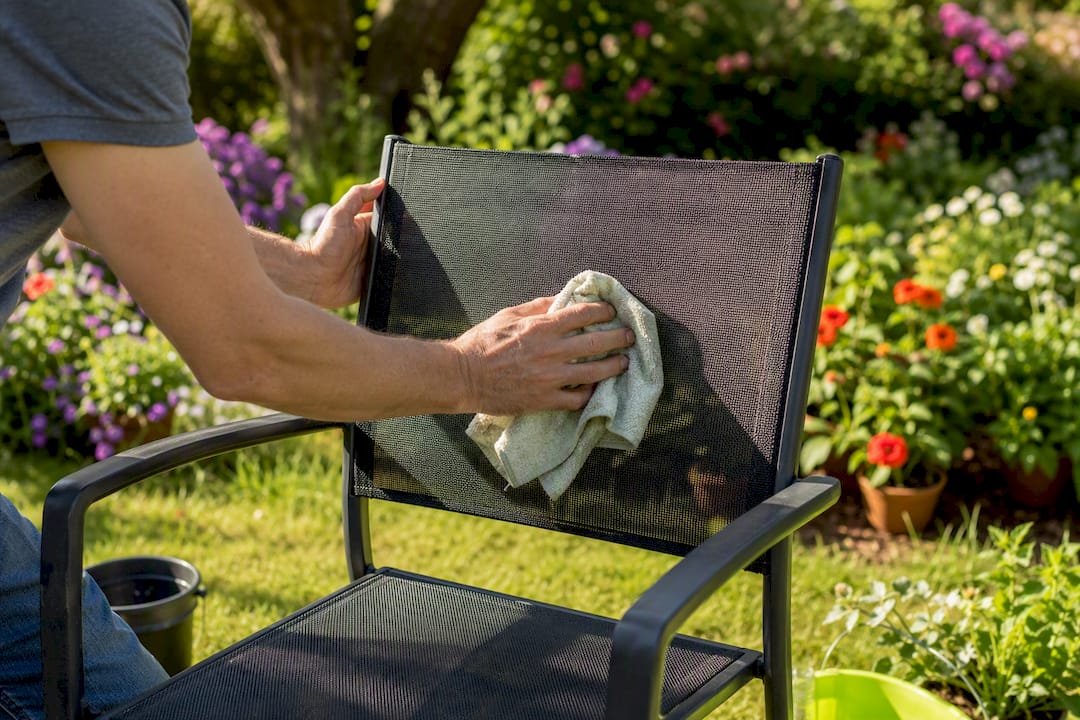 Hands wiping mesh lawn chair seat