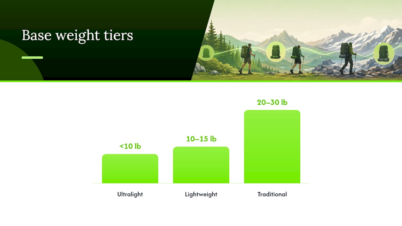 Diagram comparing backpacking base weight categories