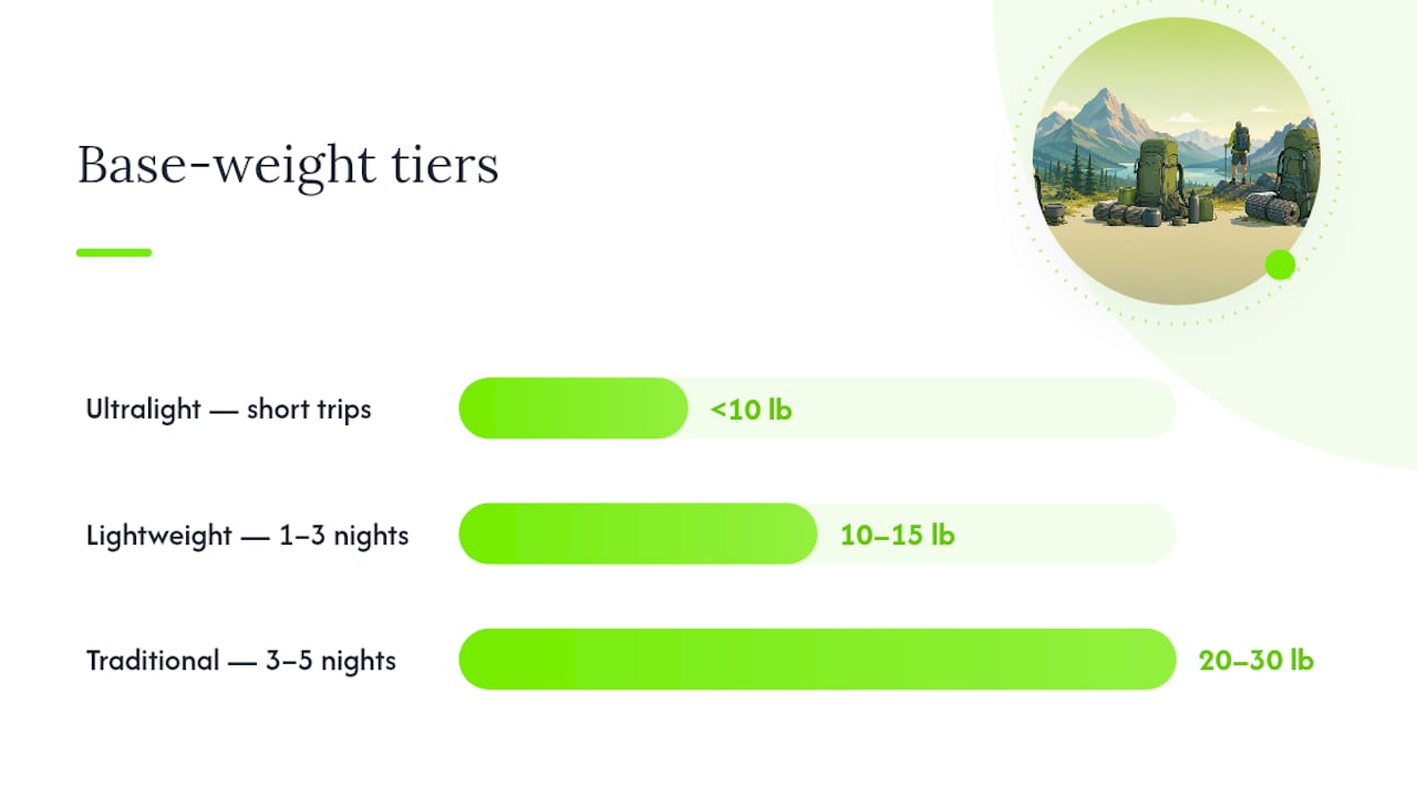 Comparison chart of backpack sizes and weight tiers