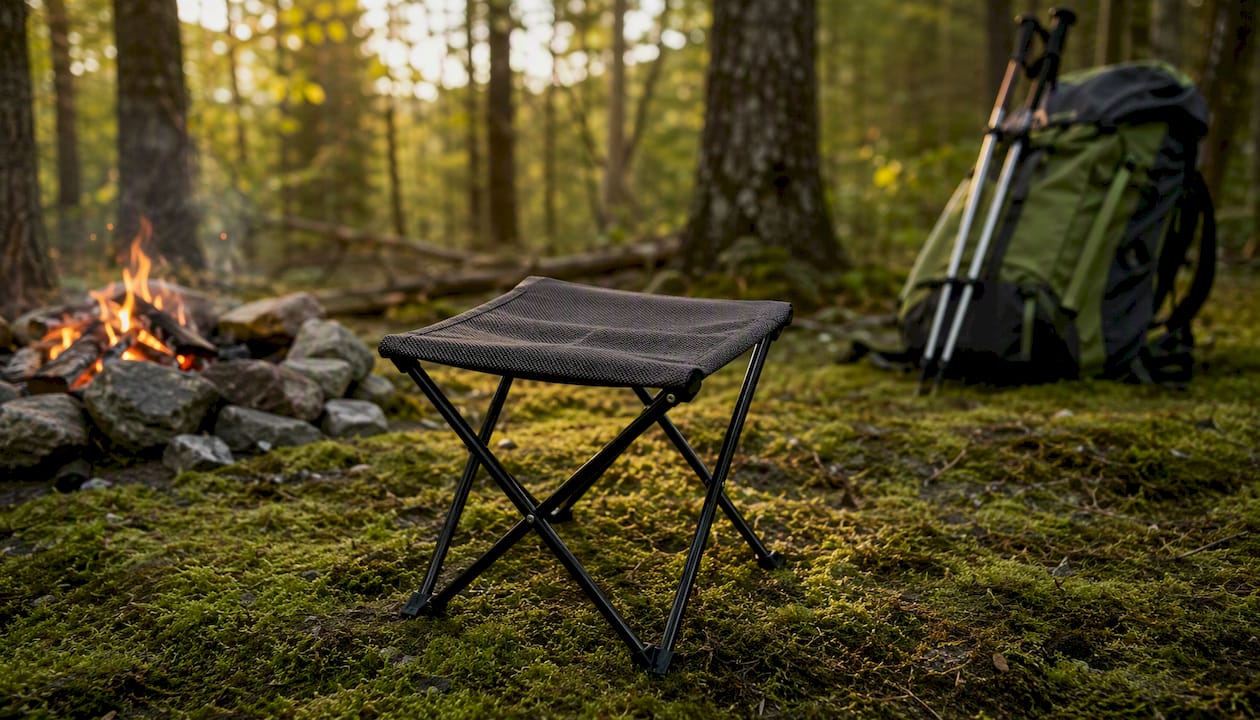 Compact camp seat ready at a campsite
