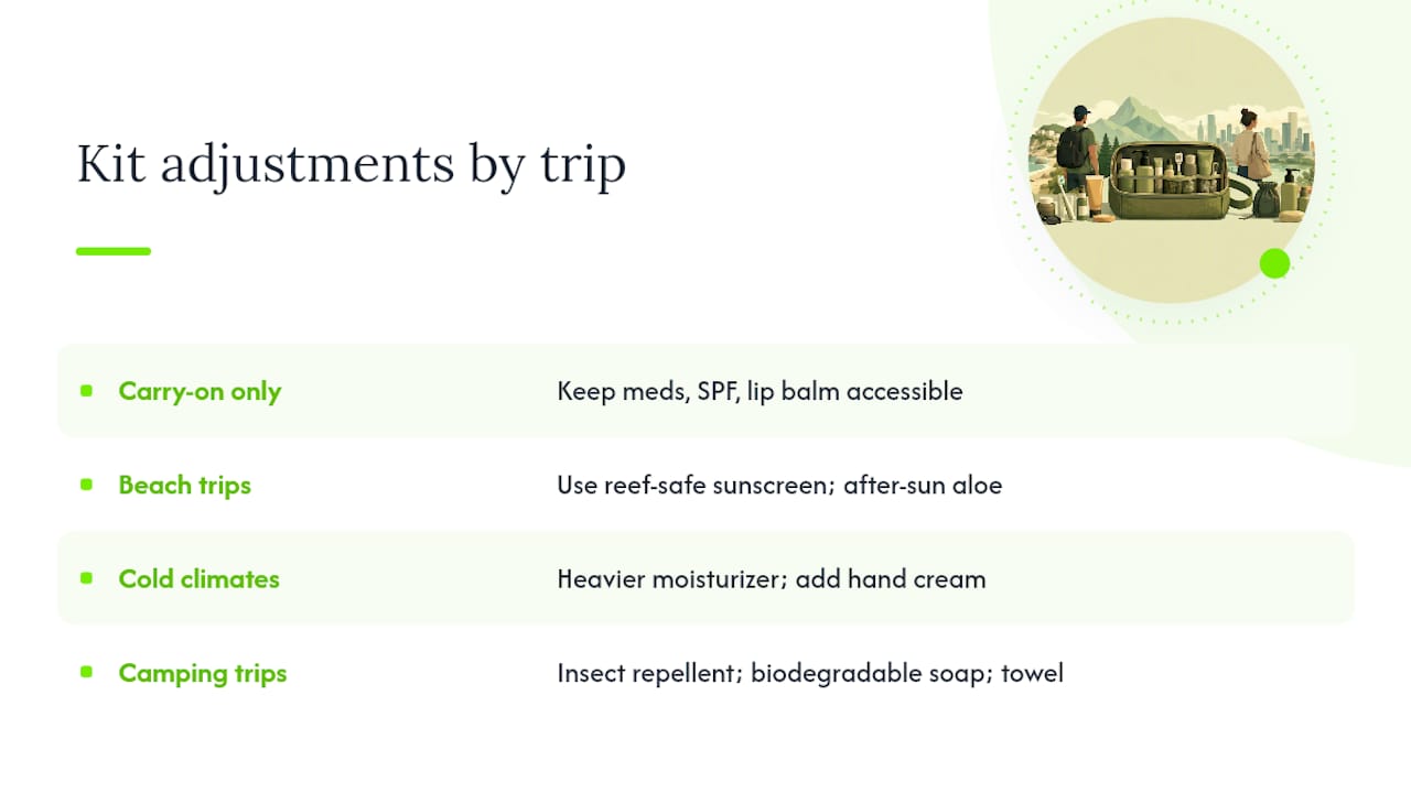 Diagram of toiletry kit variations by trip type