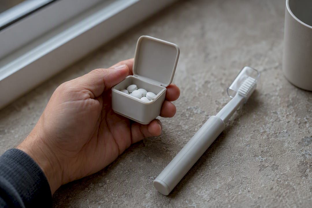 Toothpaste tablets with travel toothbrush
