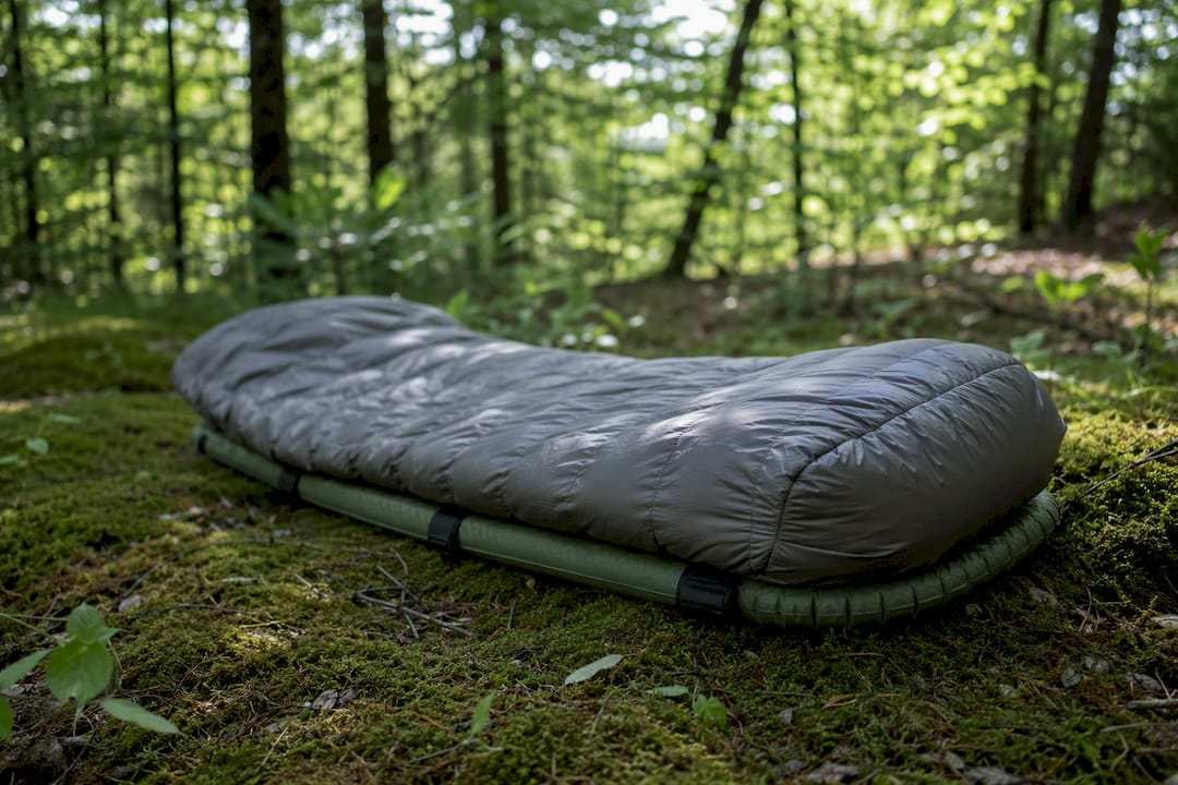 Ultralight quilt and sleeping pad setup on forest floor