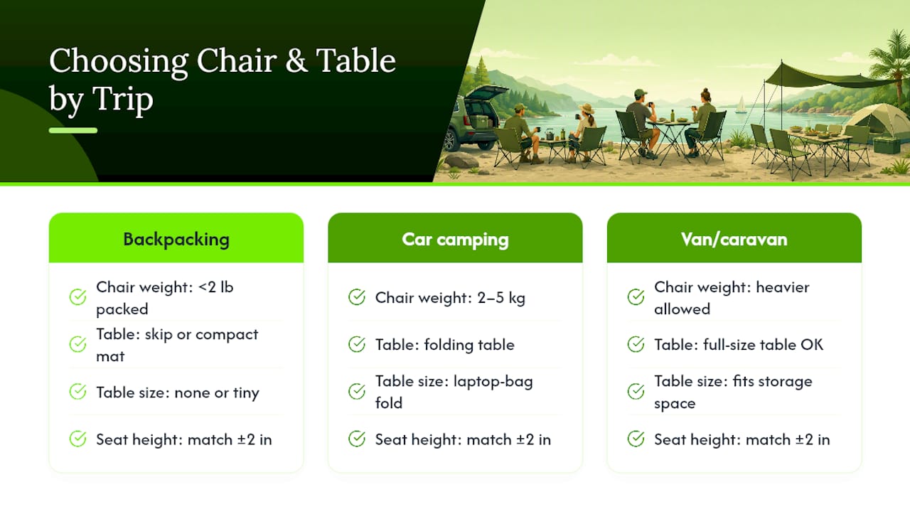 How to Match Your Chair and Table to Your Trip Type — overview diagram