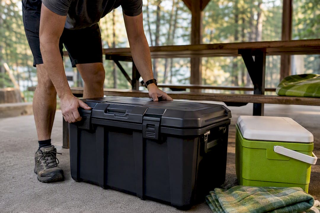 Latched food container at campground shelter
