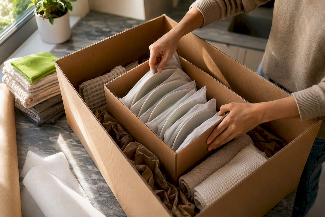 Wrapped plates packed upright in nested boxes