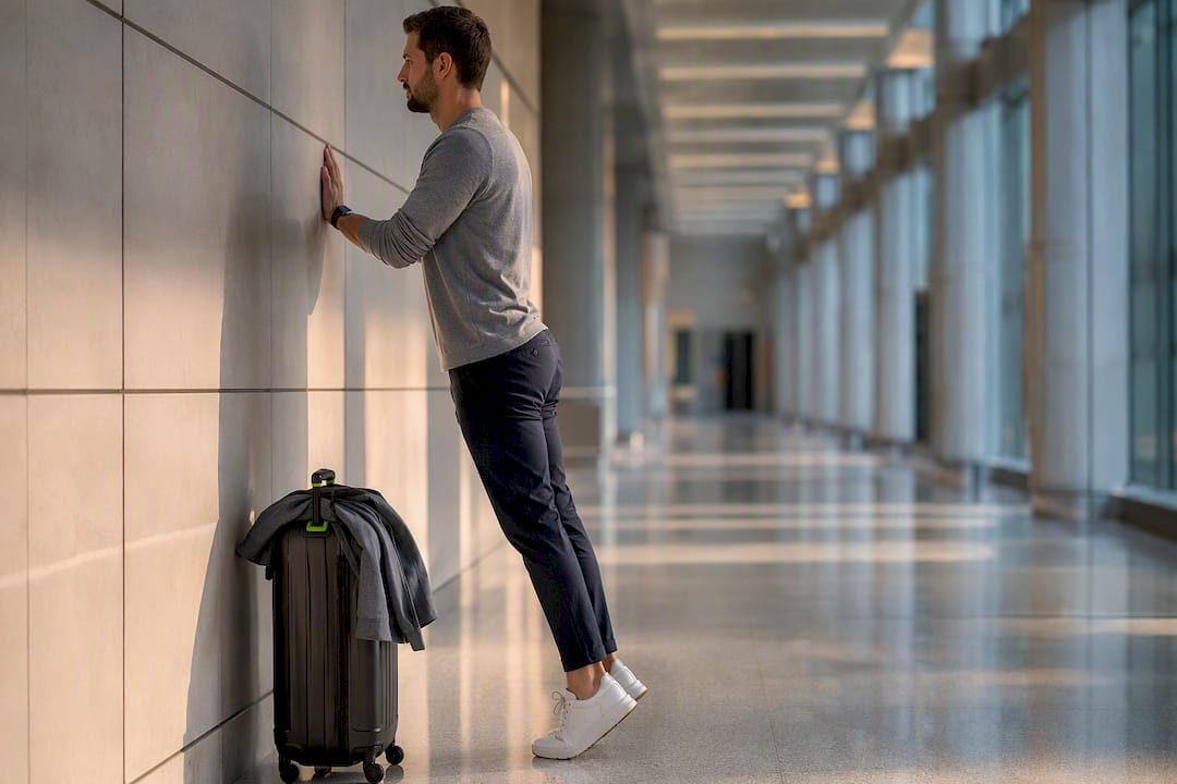Traveler doing calf raises during airport transit