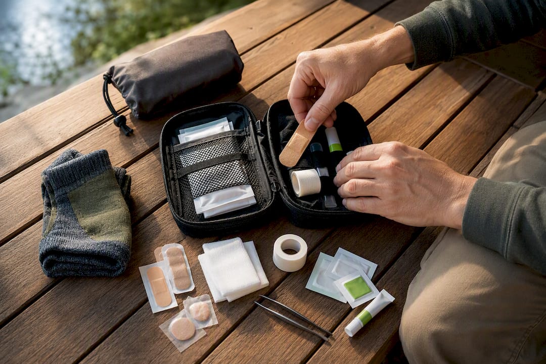 Camping first aid supplies arranged neatly