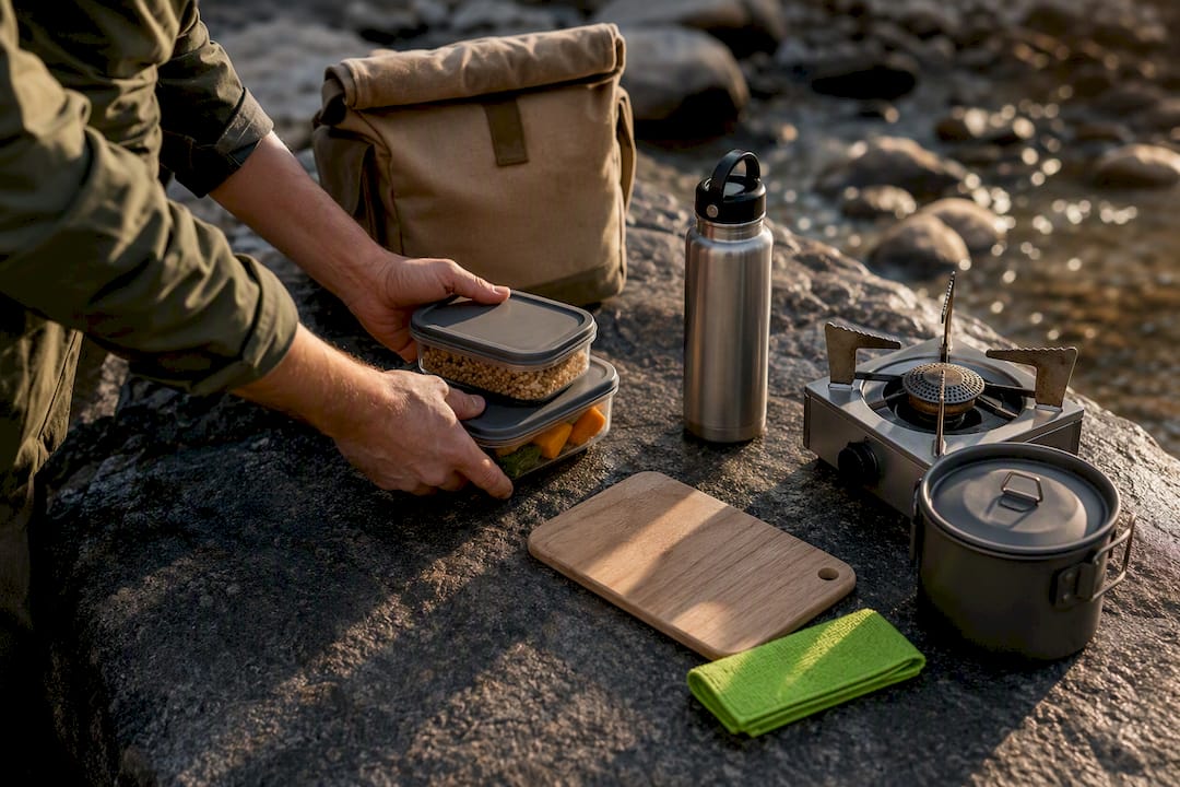 Compact camp cooking and food storage setup