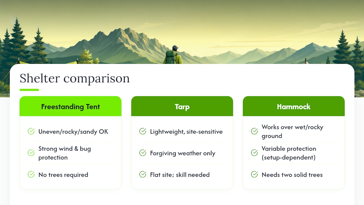 Comparison of three overnight shelter choices