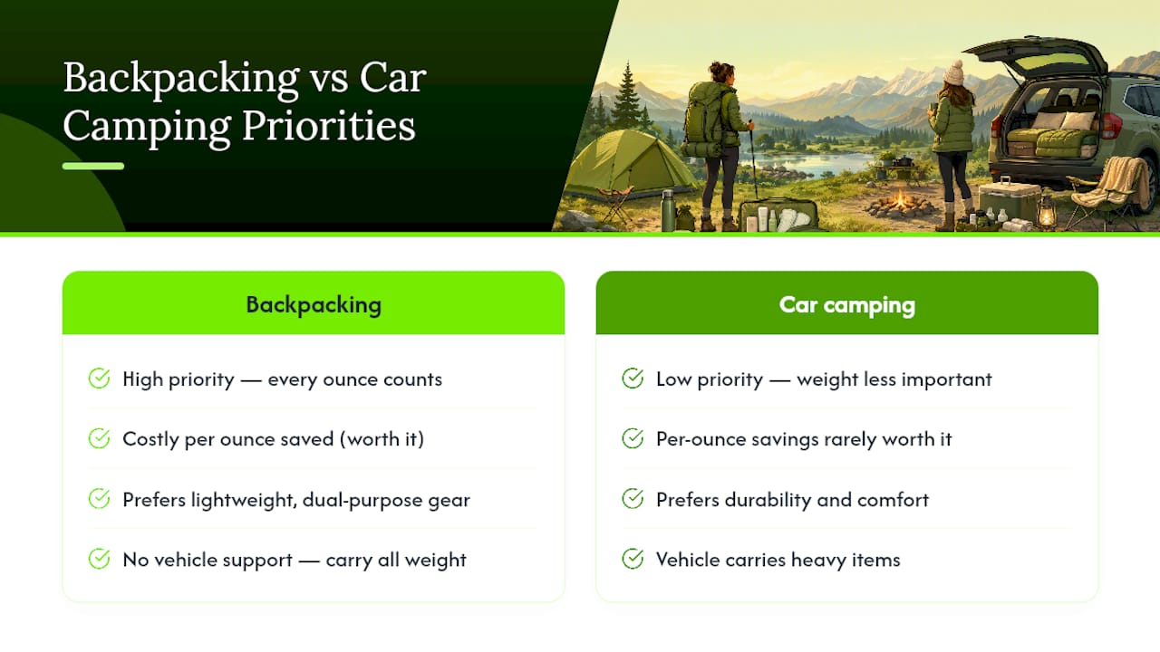 Backpacking versus car camping gear tradeoffs