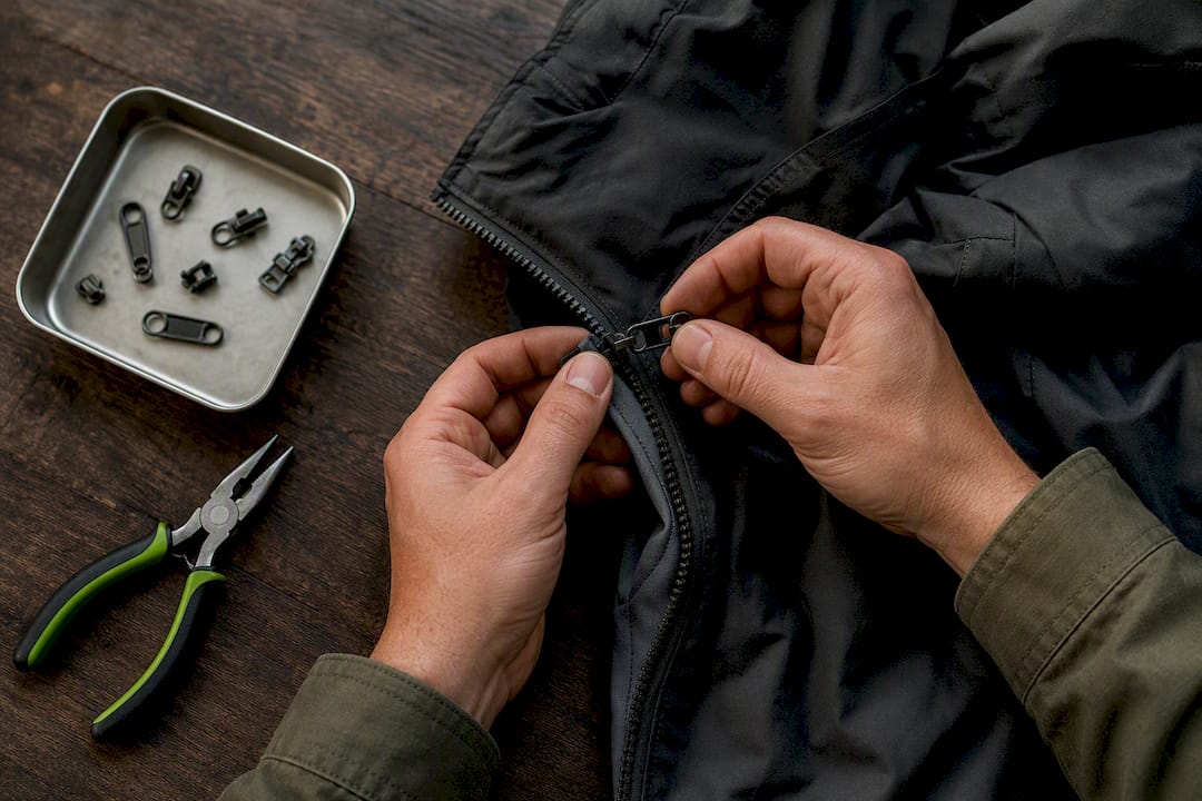 Hands repairing an outdoor jacket zipper