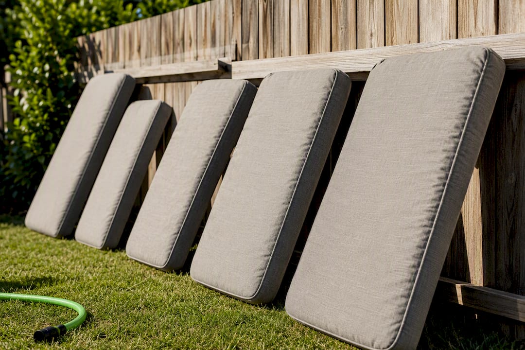 Cushions propped against fence to dry