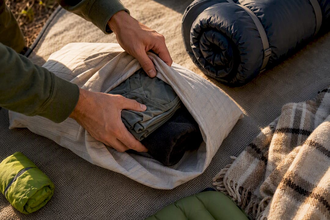 Clothing stuffed into pillowcase for camping