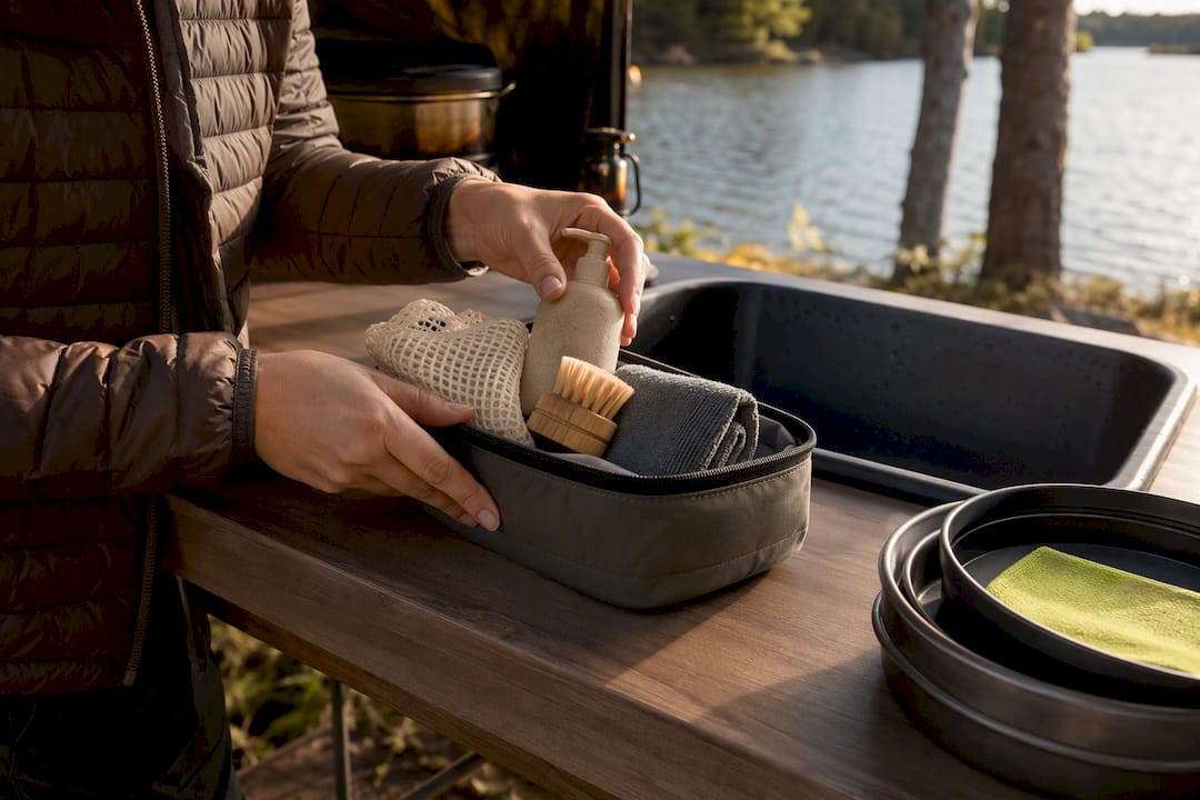 Camper packing a dedicated cleaning kit