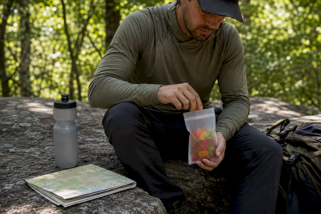 Hiker eating gummy bears on trail