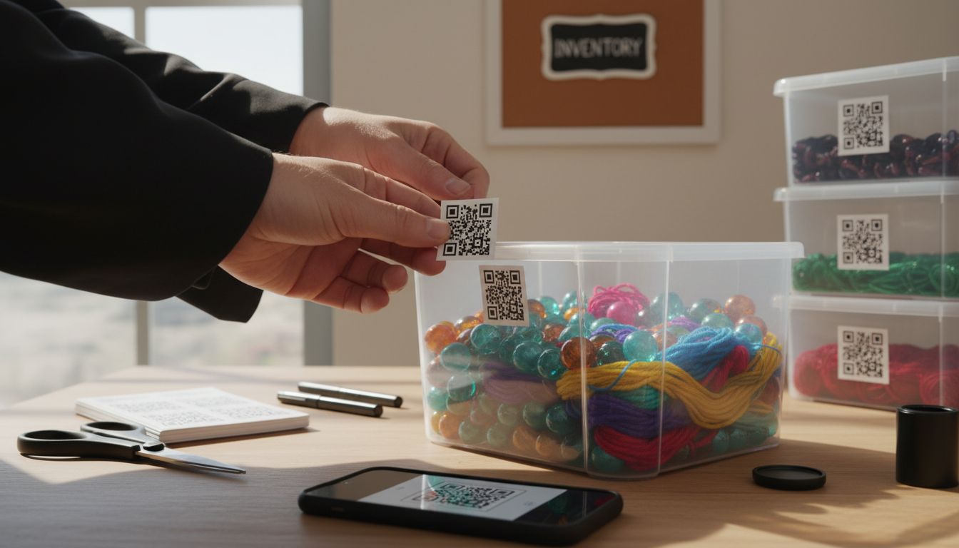 Hands applying QR label to craft container