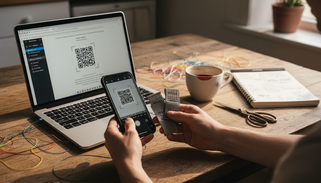 Hands labeling crafts with QR code and phone