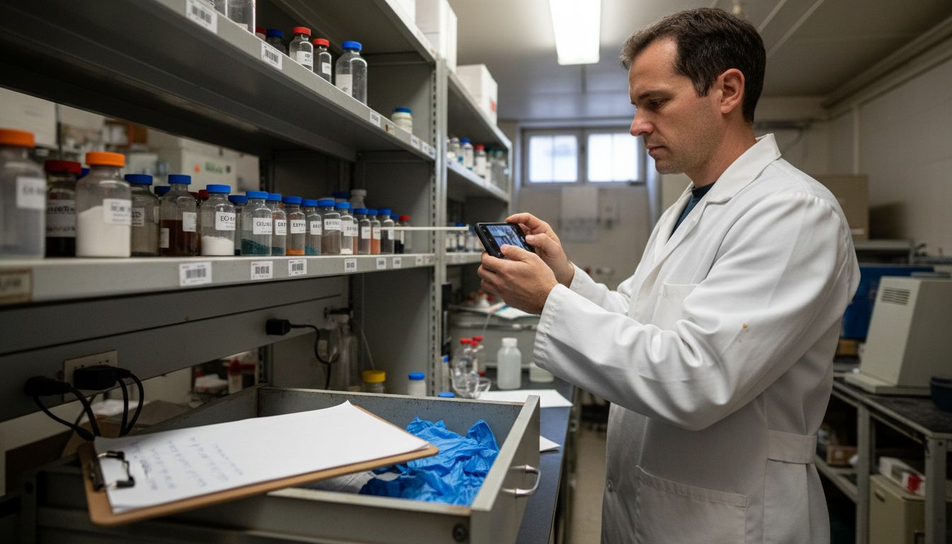 Lab technician scanning label on shelving
