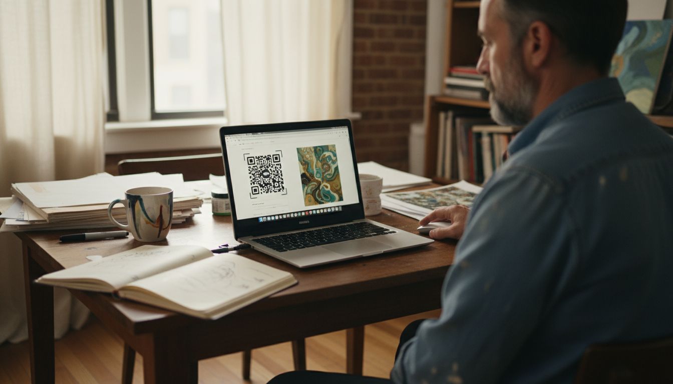 Artist generates QR code on laptop