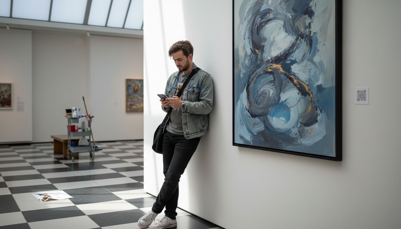 Visitor reads art details from phone via QR