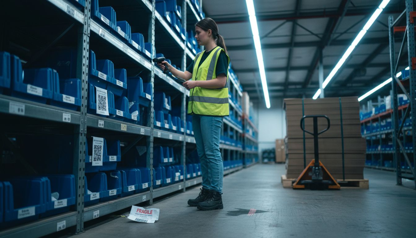 Warehouse worker scanning QR code on bins