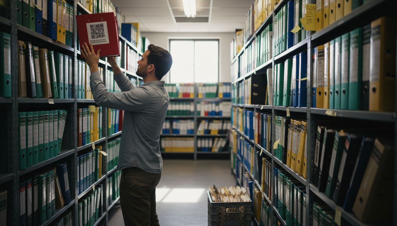 Records clerk shelving QR labeled binder