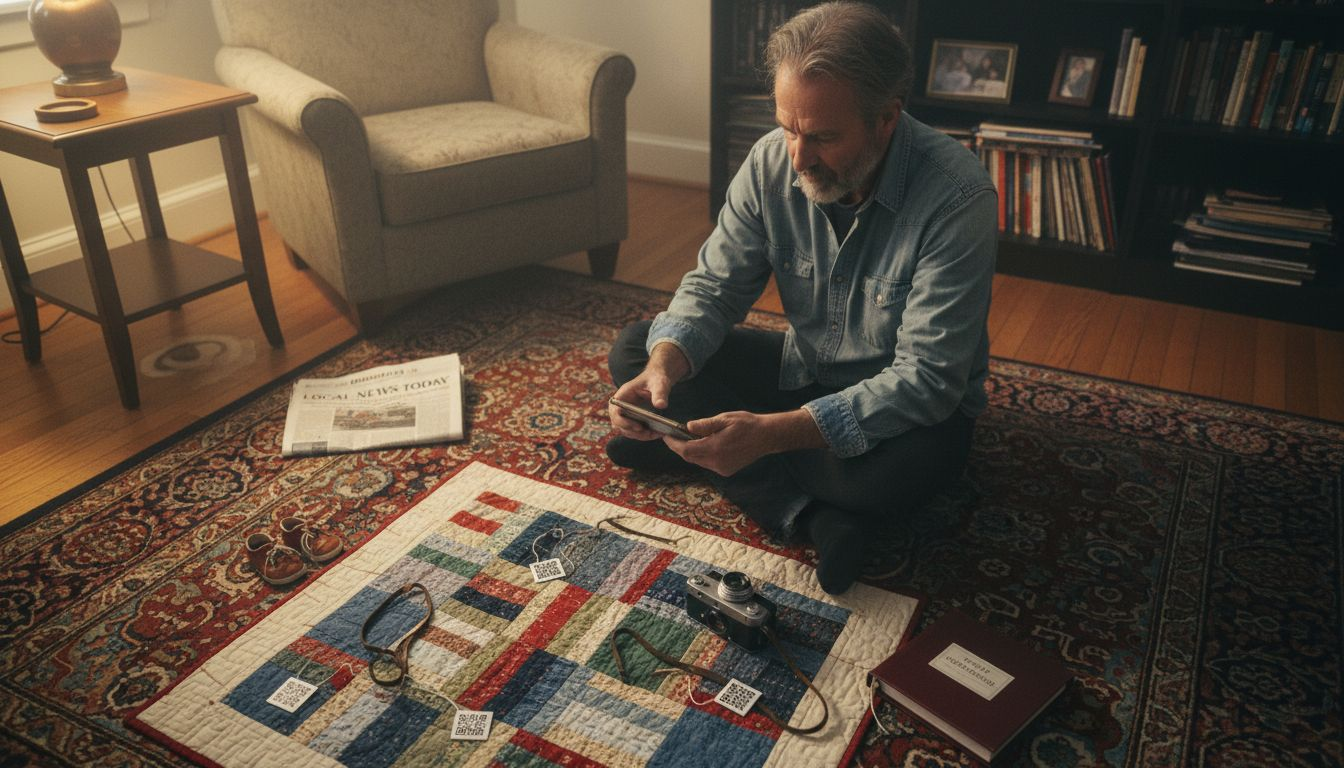 Man tagging keepsakes with QR codes