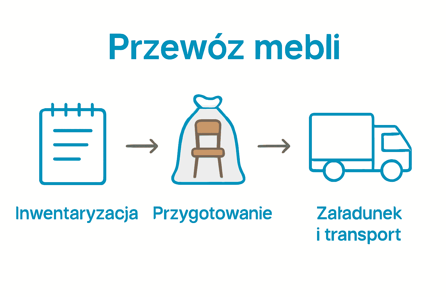 Trzy etapy transportu mebli w infografice: inwentaryzacja, przygotowanie, załadunek.