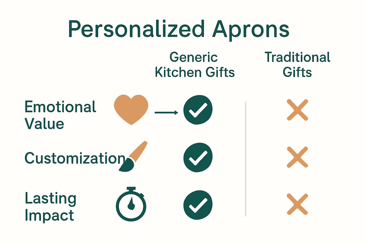 Infographic comparing features of personalized aprons, generic kitchen gifts, and traditional gifts.