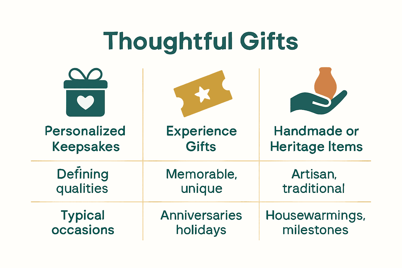 Infographic comparing personalized keepsakes, experience gifts, and handmade items.