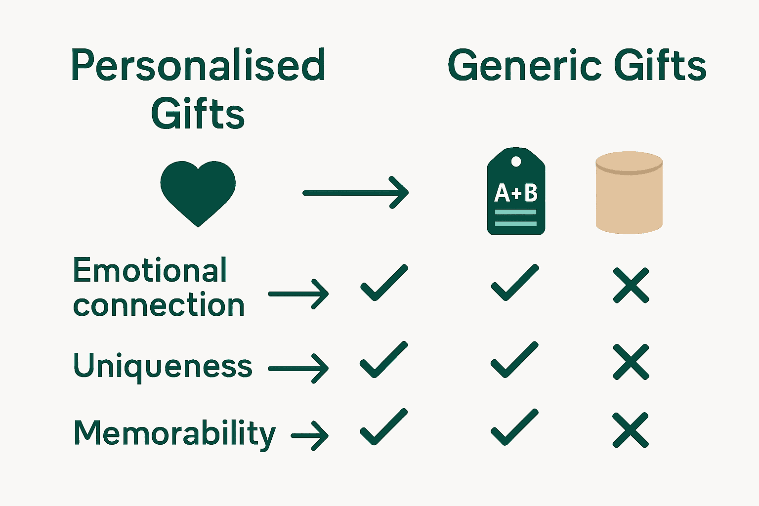 Infographic comparing personalised versus generic wedding gifts with icons and key points.