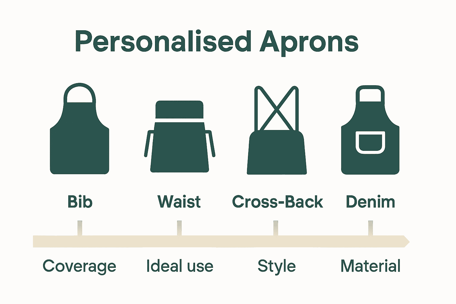Infographic comparing types of personalised aprons in the UK with icons and features.
