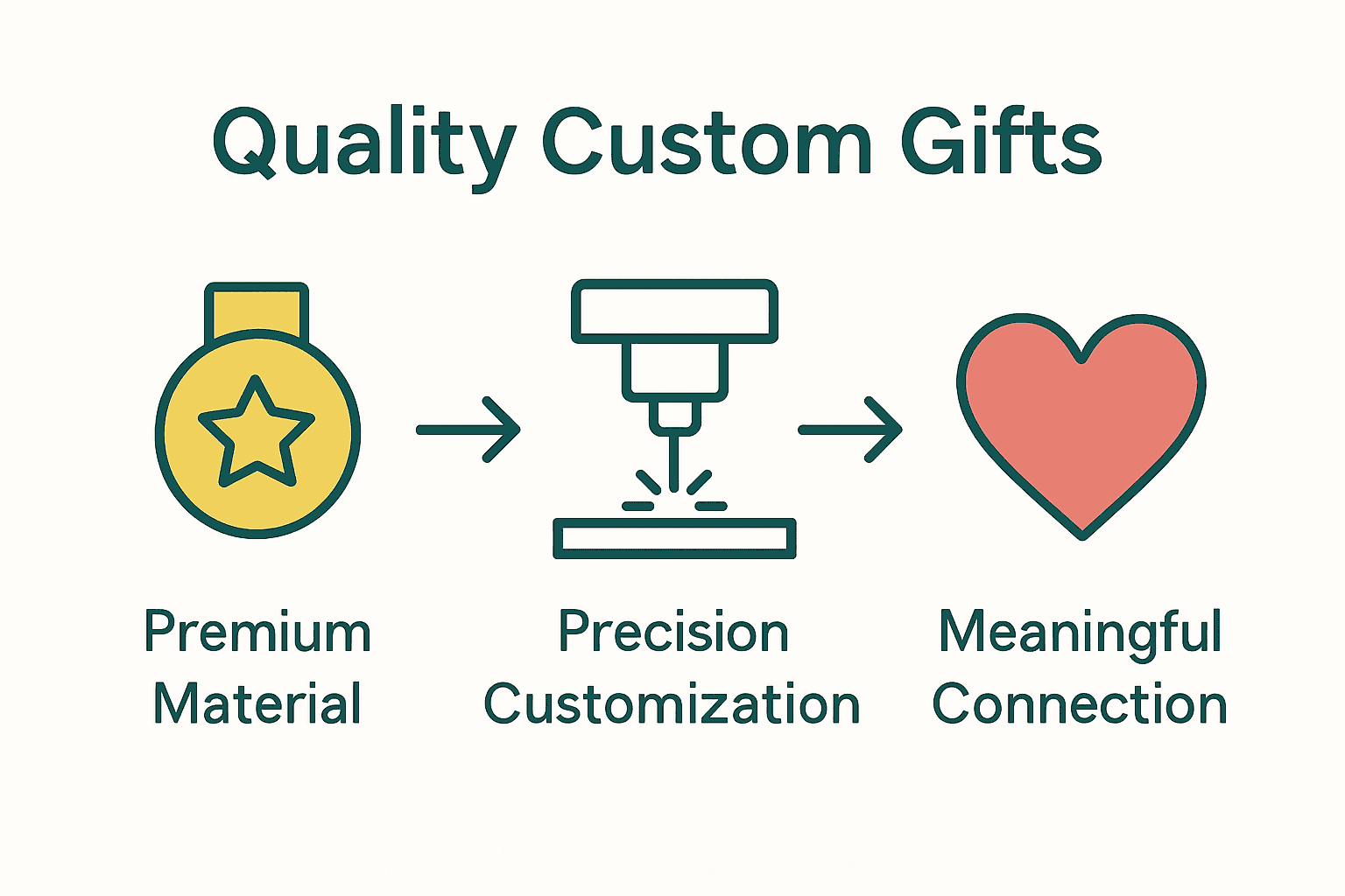 Infographic comparing features of quality custom gifts: premium materials, precise customization, and meaningful connection.