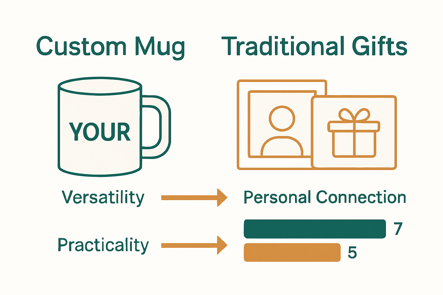 Infographic comparing custom mugs and traditional gifts by emotional value and practicality