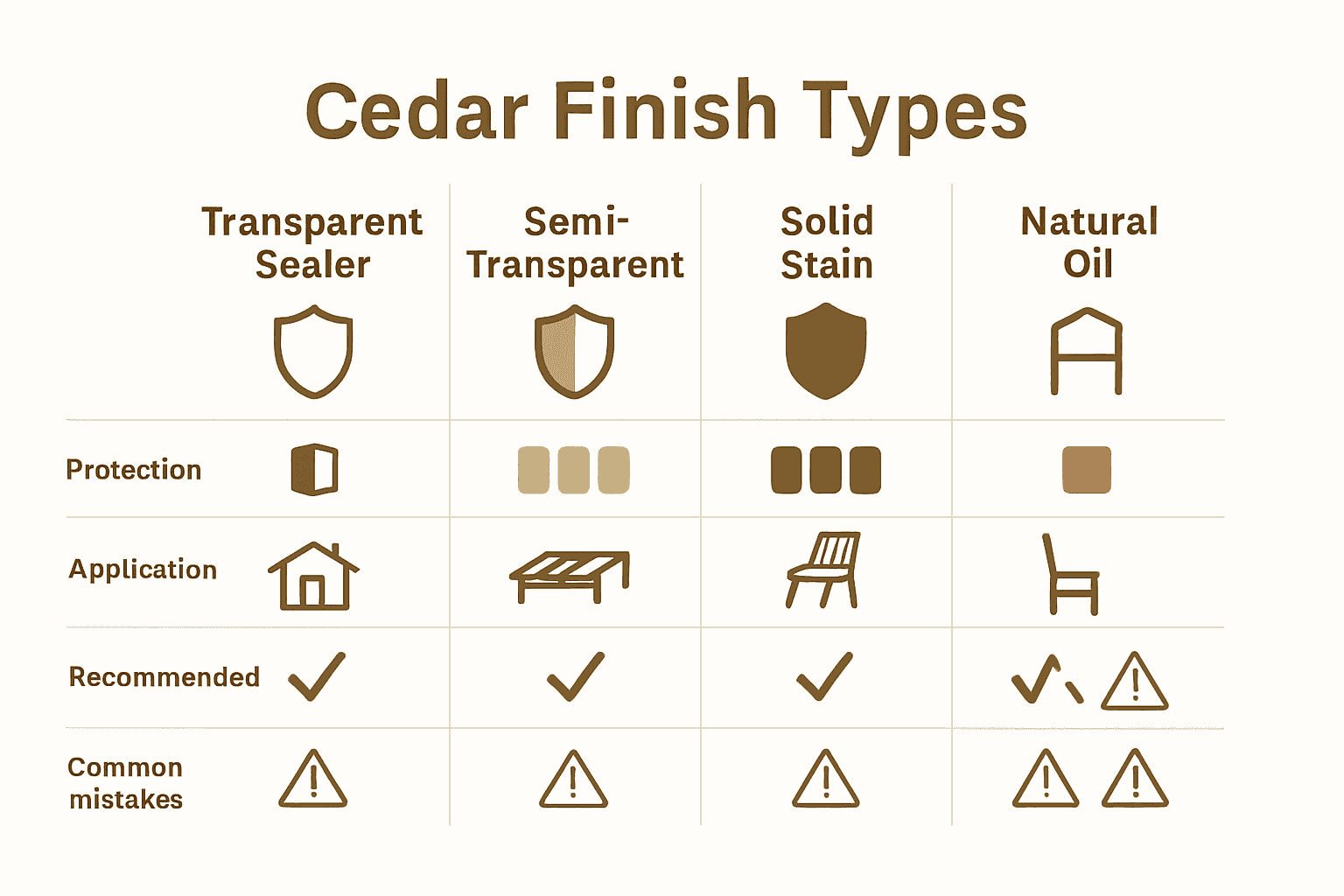 Infographic comparing cedar finish types with icons and visual guides
