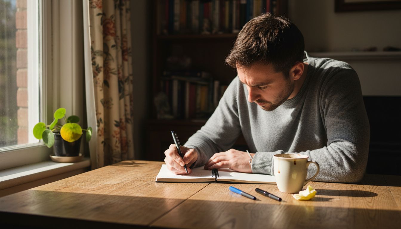 Man journaling mindful intentions near window