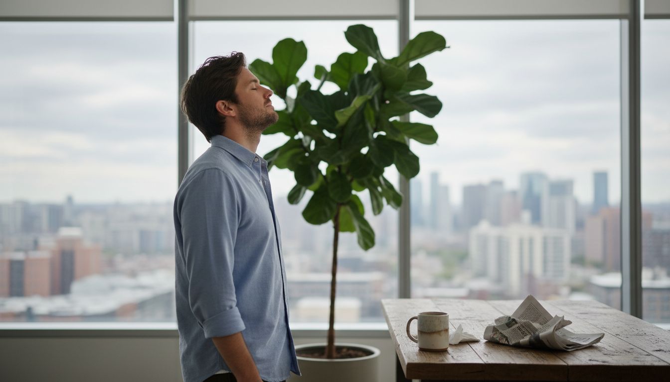 Employee taking mindful break by window