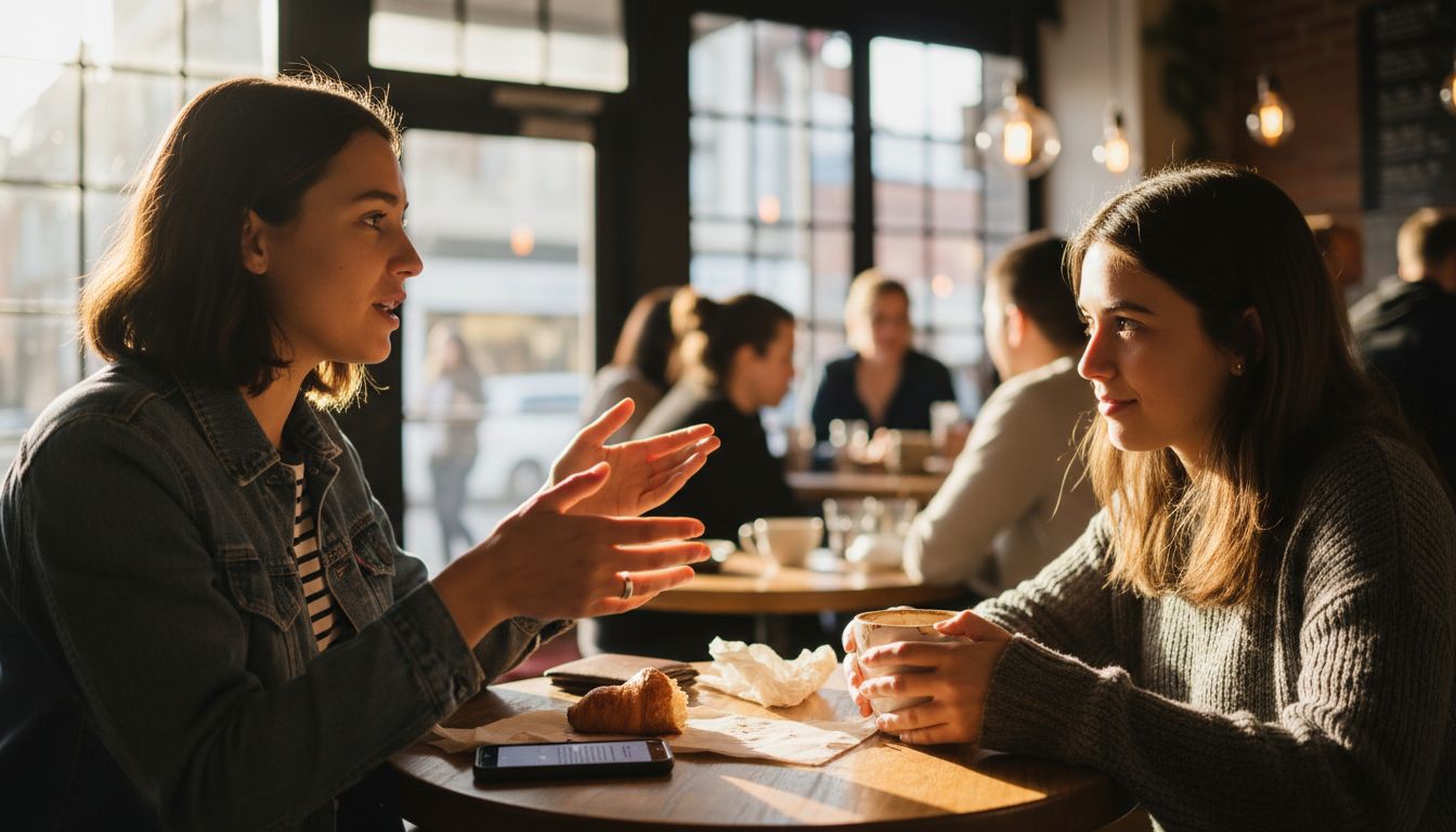 Friends practicing mindful listening at café
