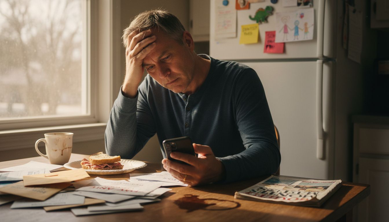 Stressed man at cluttered kitchen table