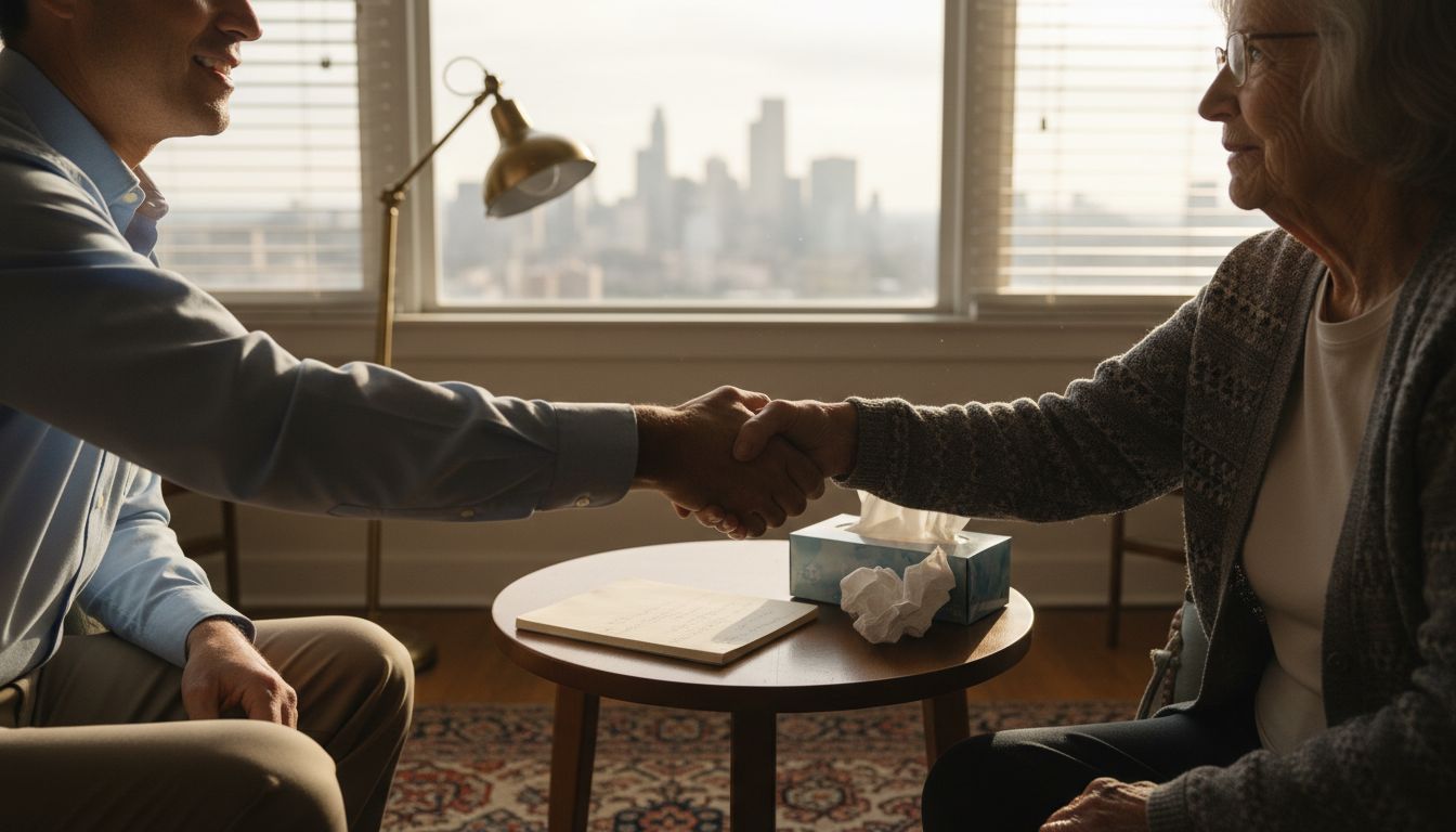 Therapist offers supportive handshake in therapy