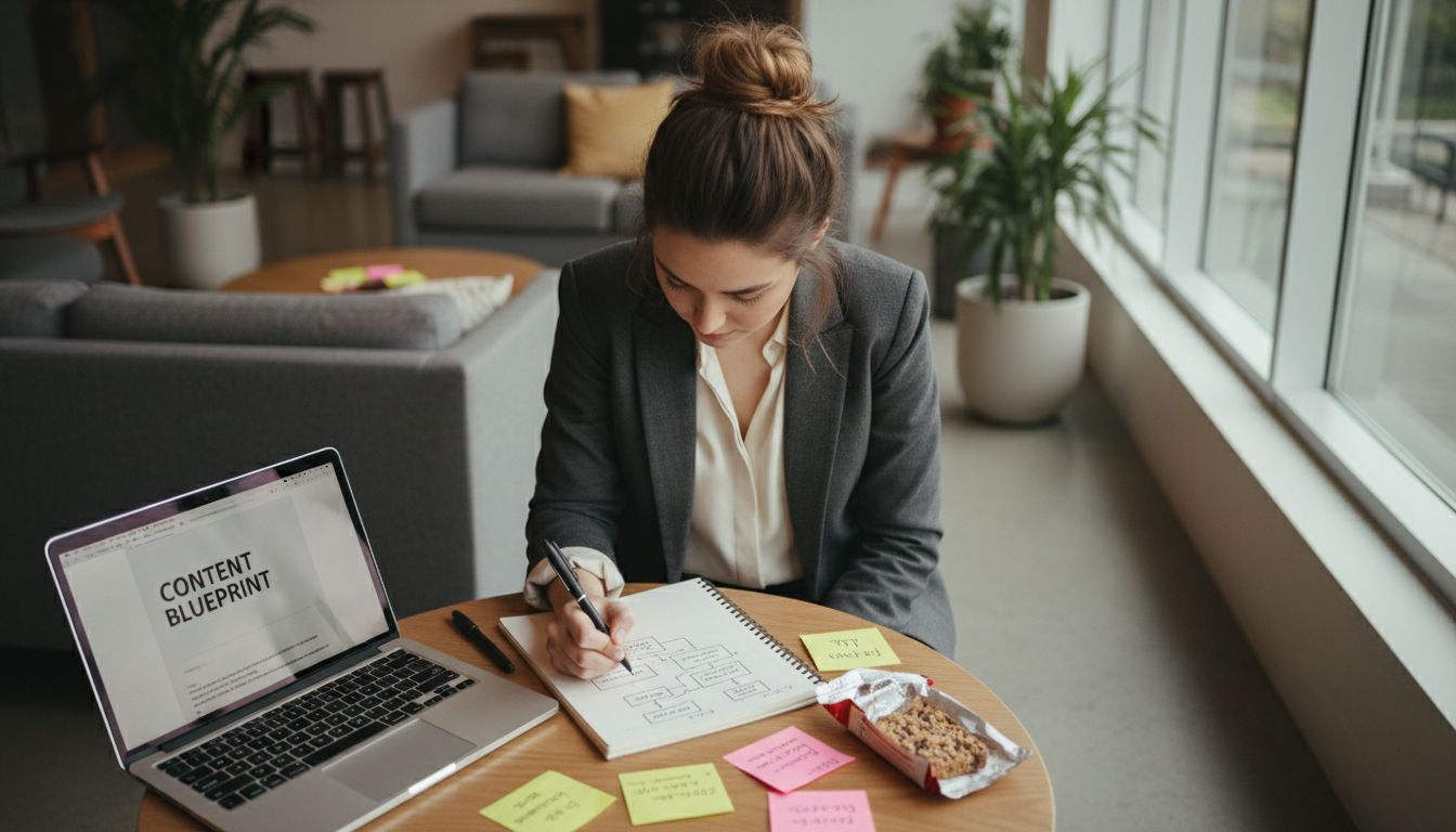 Woman drafts mindful presentation outline workspace