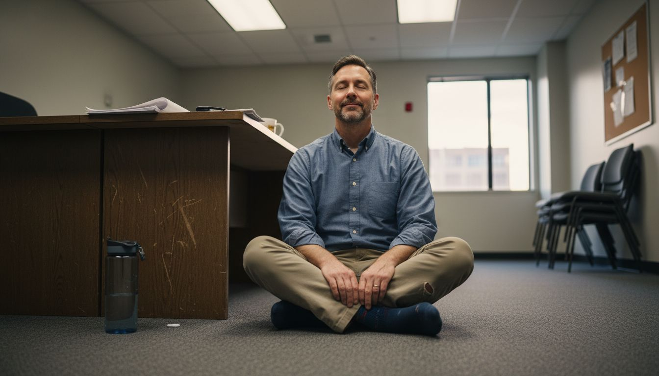 Employee meditating quietly in conference room